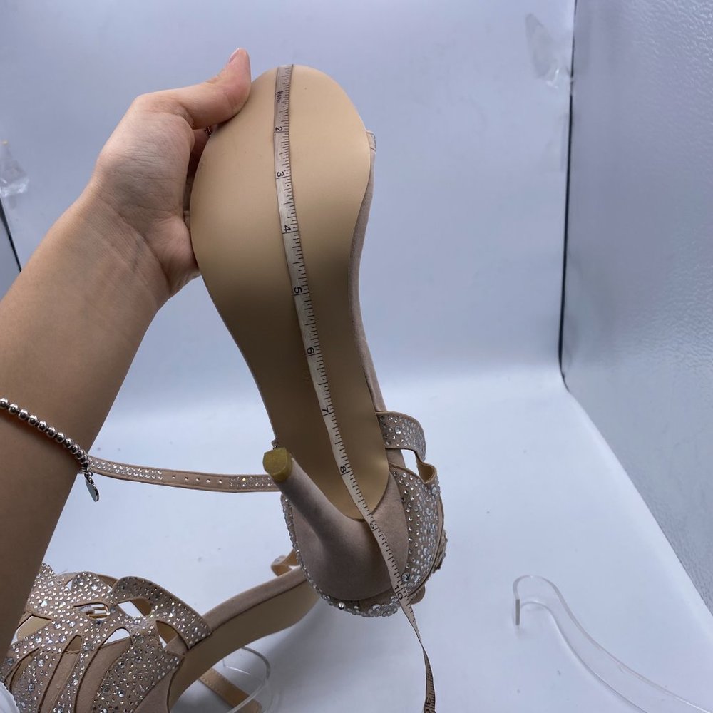 FSJ Nude Rhinestone Stiletto Heels Bridal Sandals - Picture 13 of 15